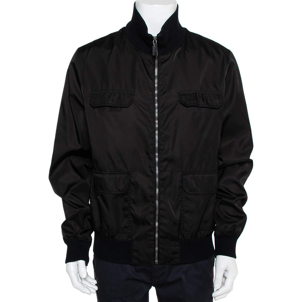 Pre Owned Gucci Black Synthetic Pocket Detail Zip Front Jacket XXL