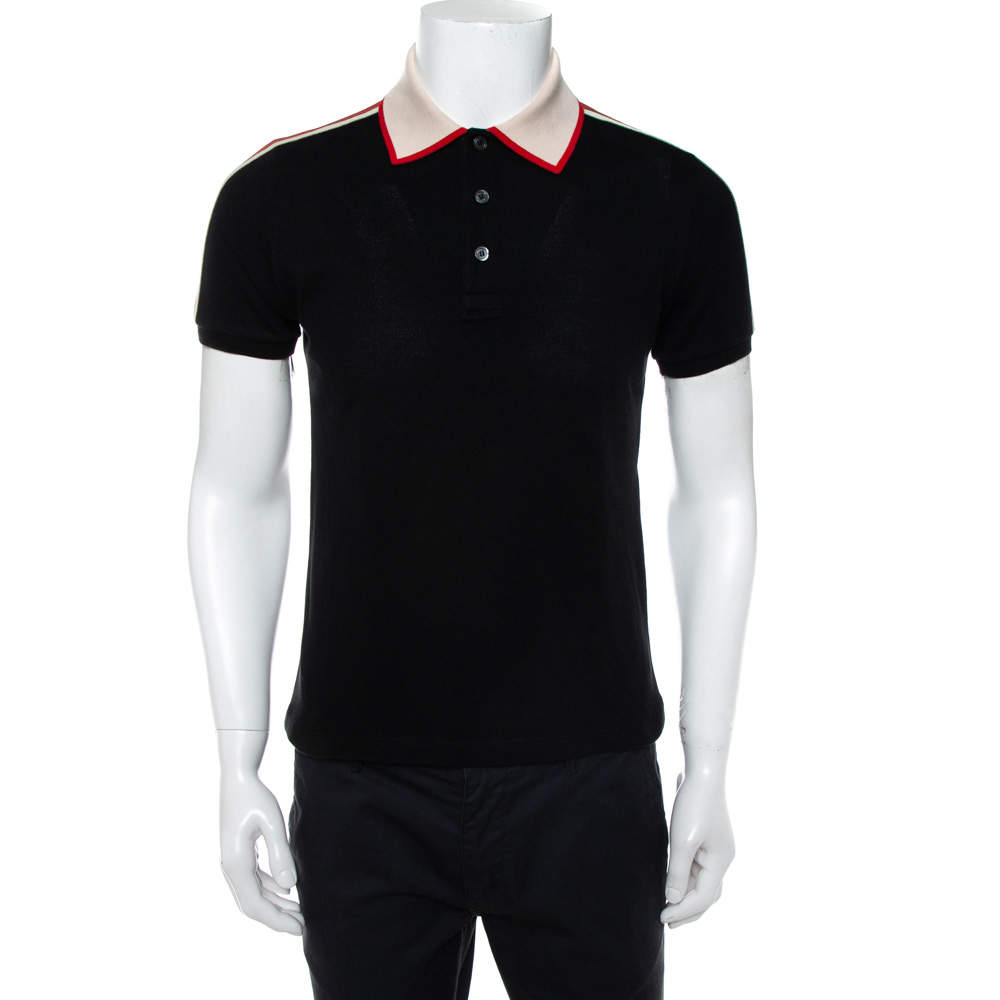 Gucci Black Cotton Pique Contrast Collar Web Trim Detail Polo Shirt S