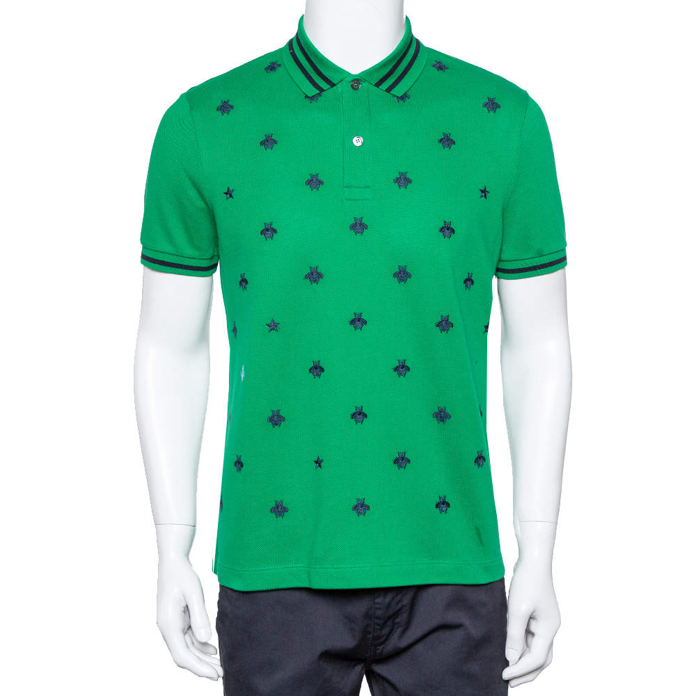 Pre Owned Gucci Green Cotton Pique Bee Embroidered Polo T-Shirt M