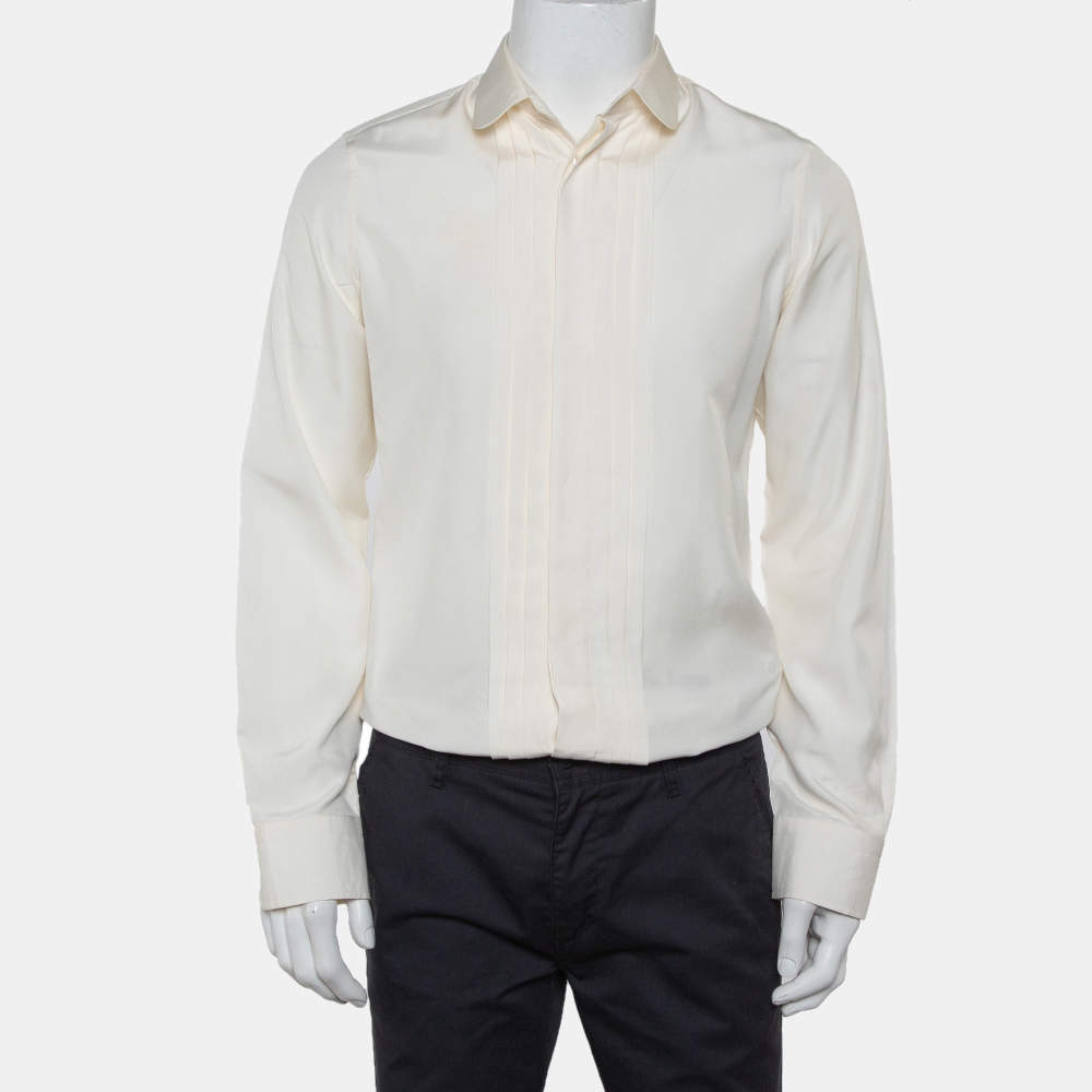 Gucci Cream Silk Pintuck Detail Button Front Skinny Shirt M