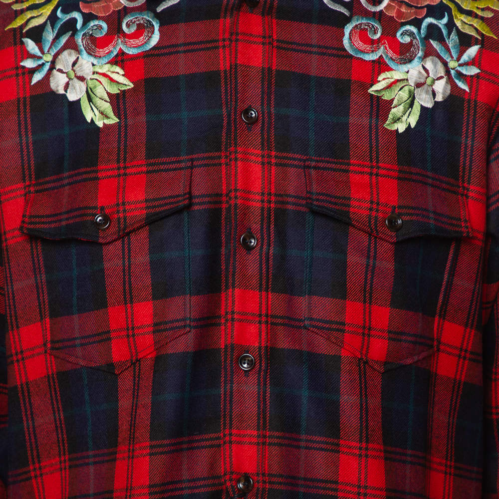 Gucci Red Tartan Plaid Floral and Dragon Embroidered Wool Shirt M