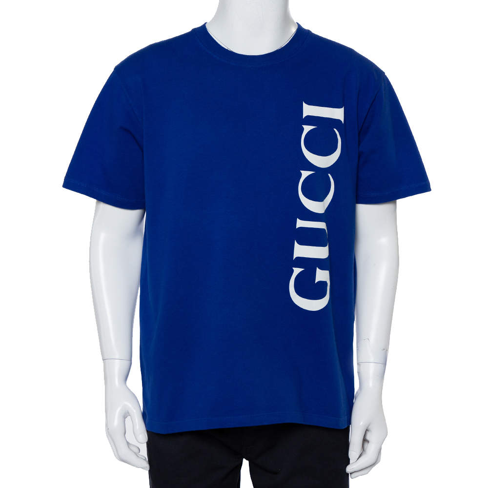 Gucci Blue Cotton Logo Printed Oversized Crewneck T-Shirt M