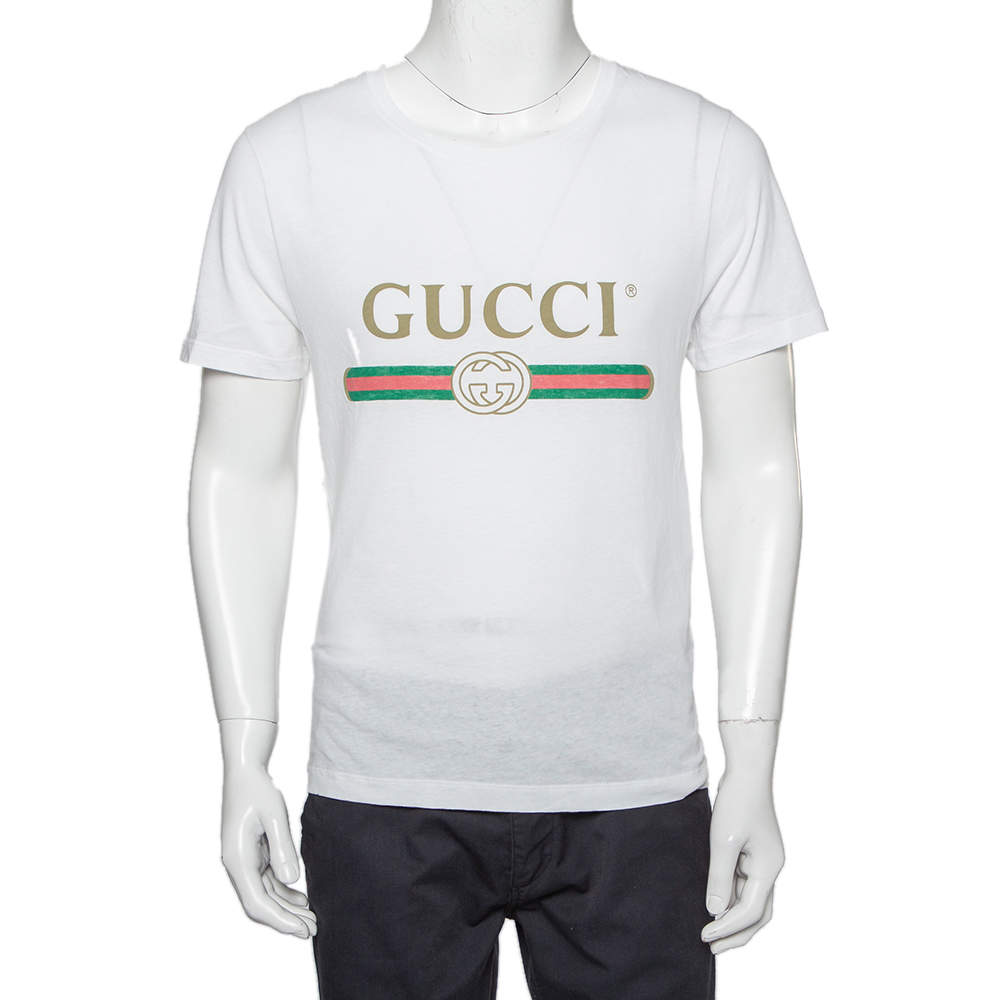Gucci White Washed Cotton Logo Printed Oversized Crewneck T-Shirt XS
