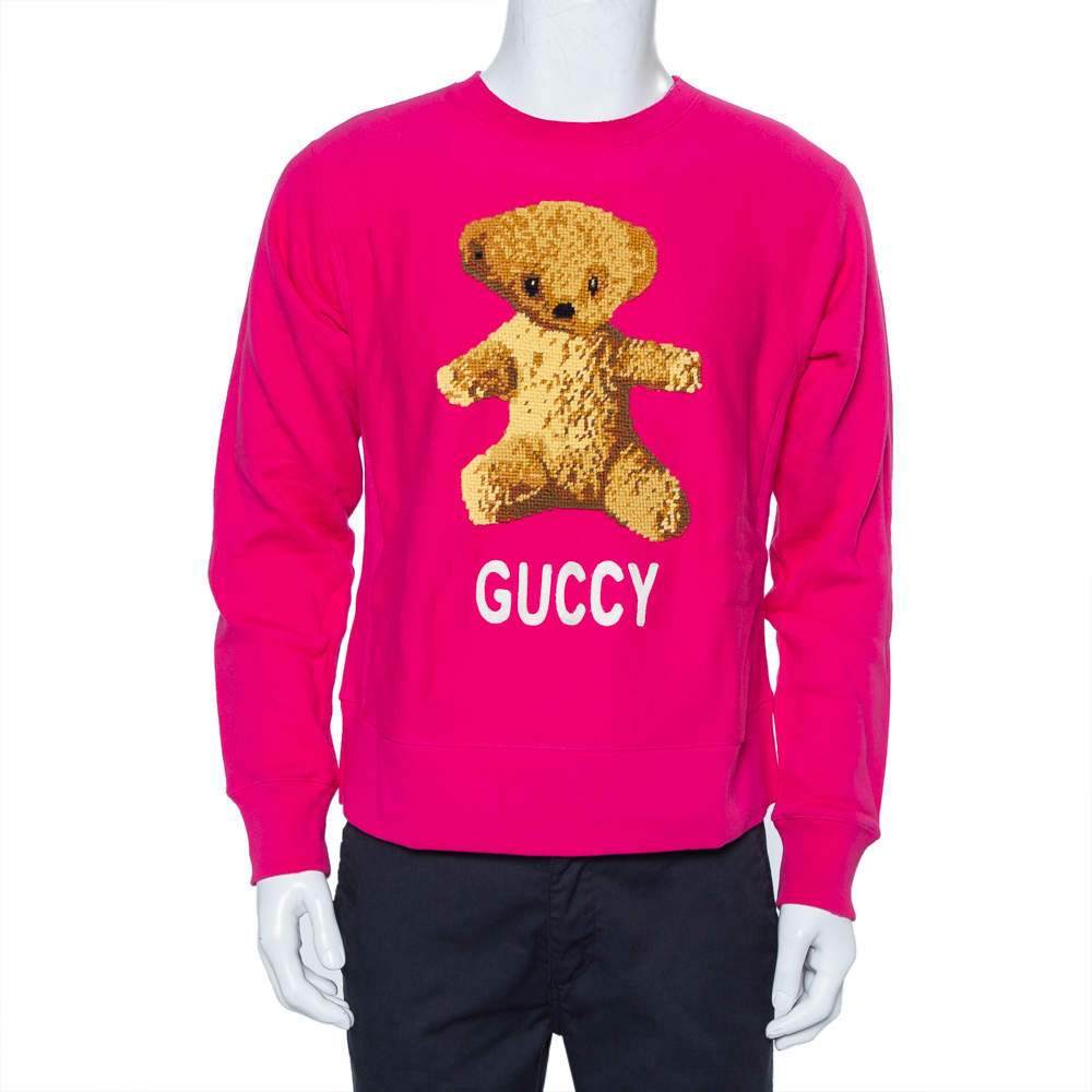 Gucci Pink Cotton Teddy Bear Applique Crewneck Sweatshirt S