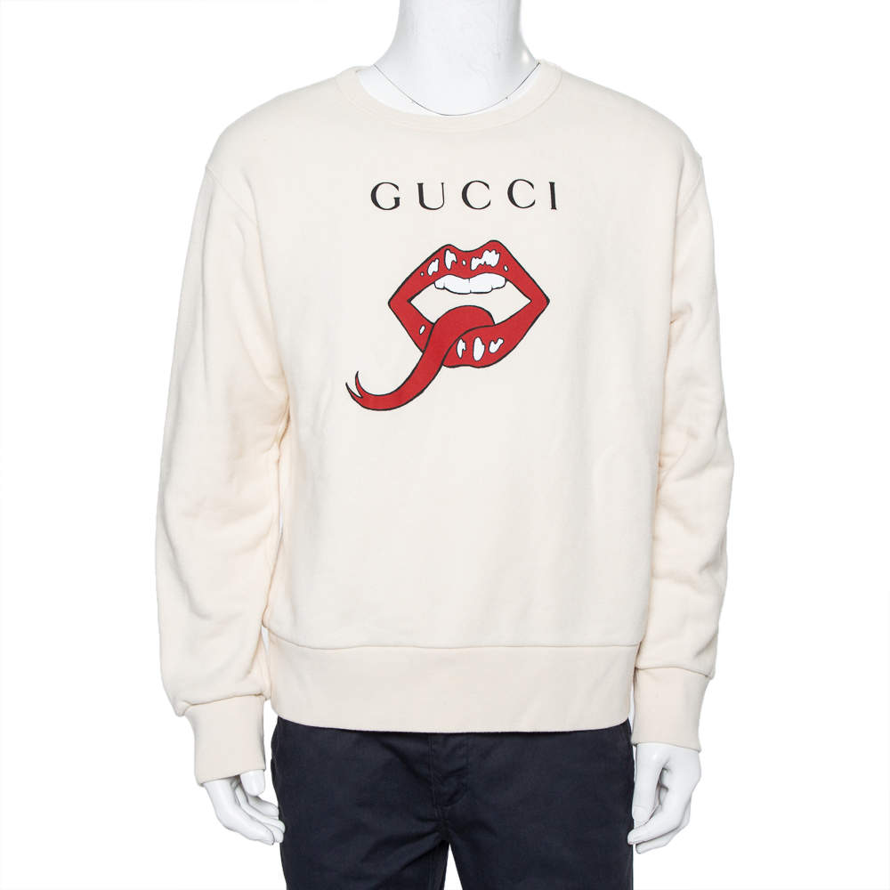 Pre Owned Gucci Cream Mouth Printed Cotton Crewneck Sweatshirt S