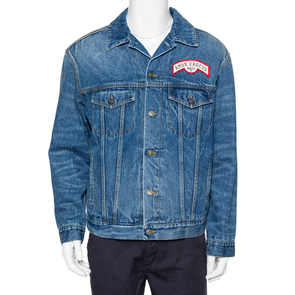 Pre Owned Gucci Navy Blue Washed Denim Logo Patch Detail Button Front Jacket XS
