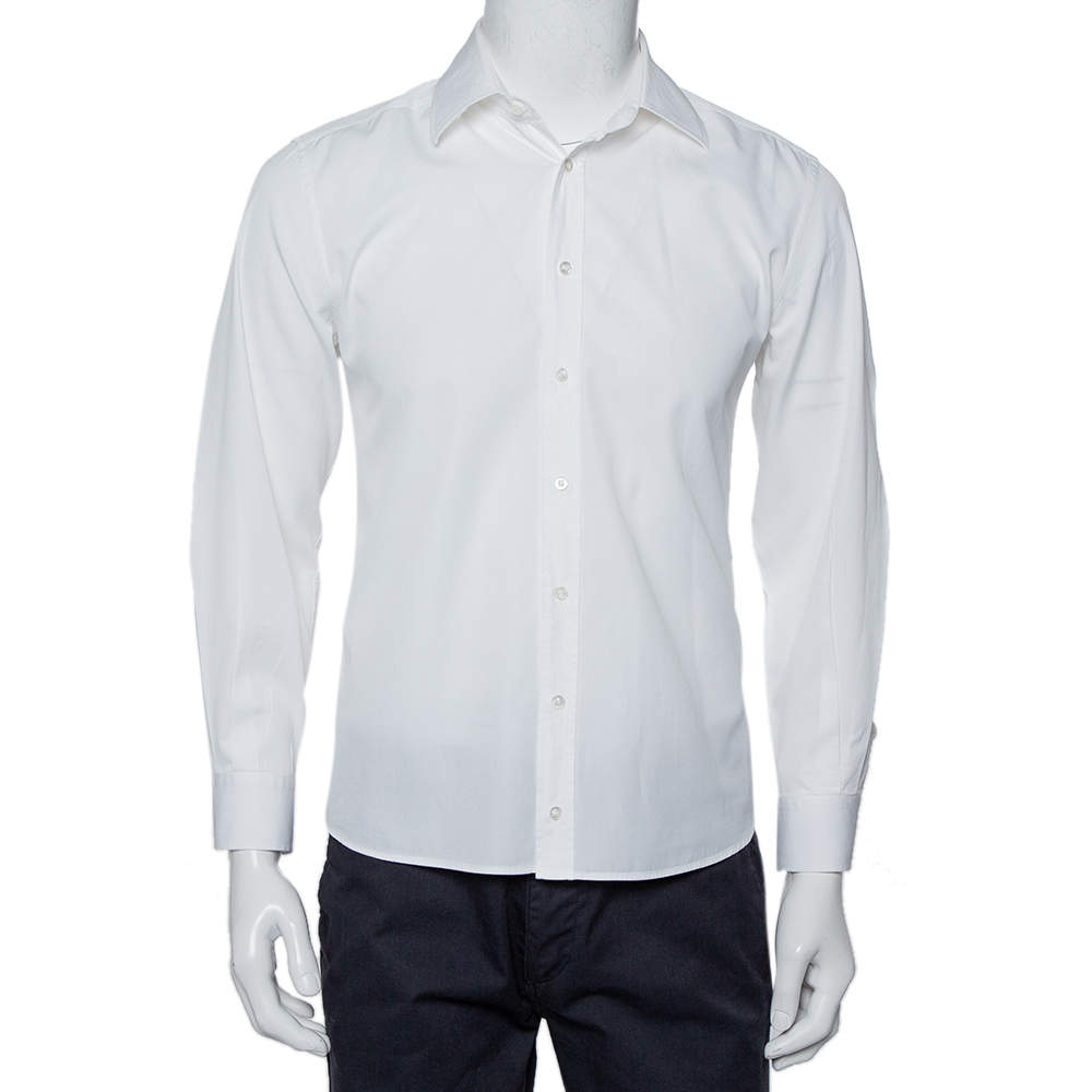 Pre Owned Gucci White Cotton Logo Jacquard Detail Button Front Fitted Shirt XL