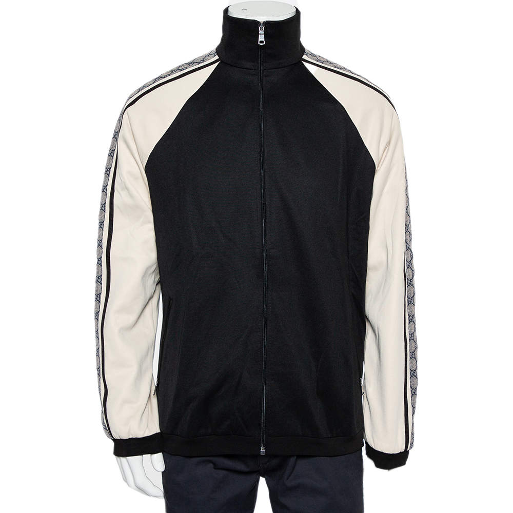 Pre Owned Gucci Black & Cream Jersey Shoulder Strip Detail Oversized Technical Jacket XS