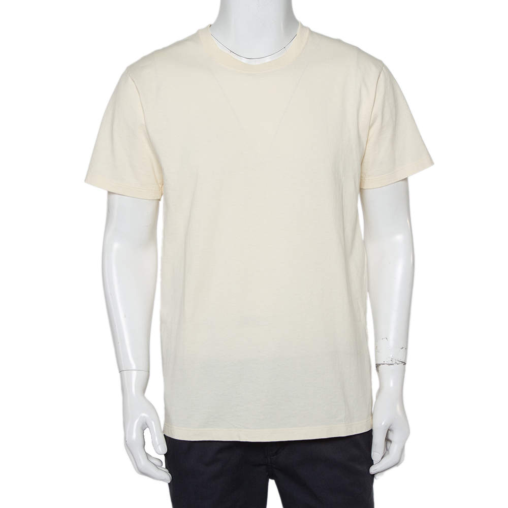 مملوكة مسبقًا تي شيرت غوتشي كبير الحجم رقبة مستديرة قطن مطبوع شعار الماركة كريمي مقاس صغير جداً (اكس سمول)