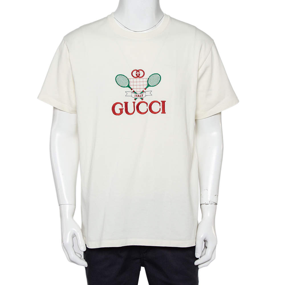 Gucci Cream Cotton Tennis Logo Embroidered Oversized Crewneck T-Shirt L