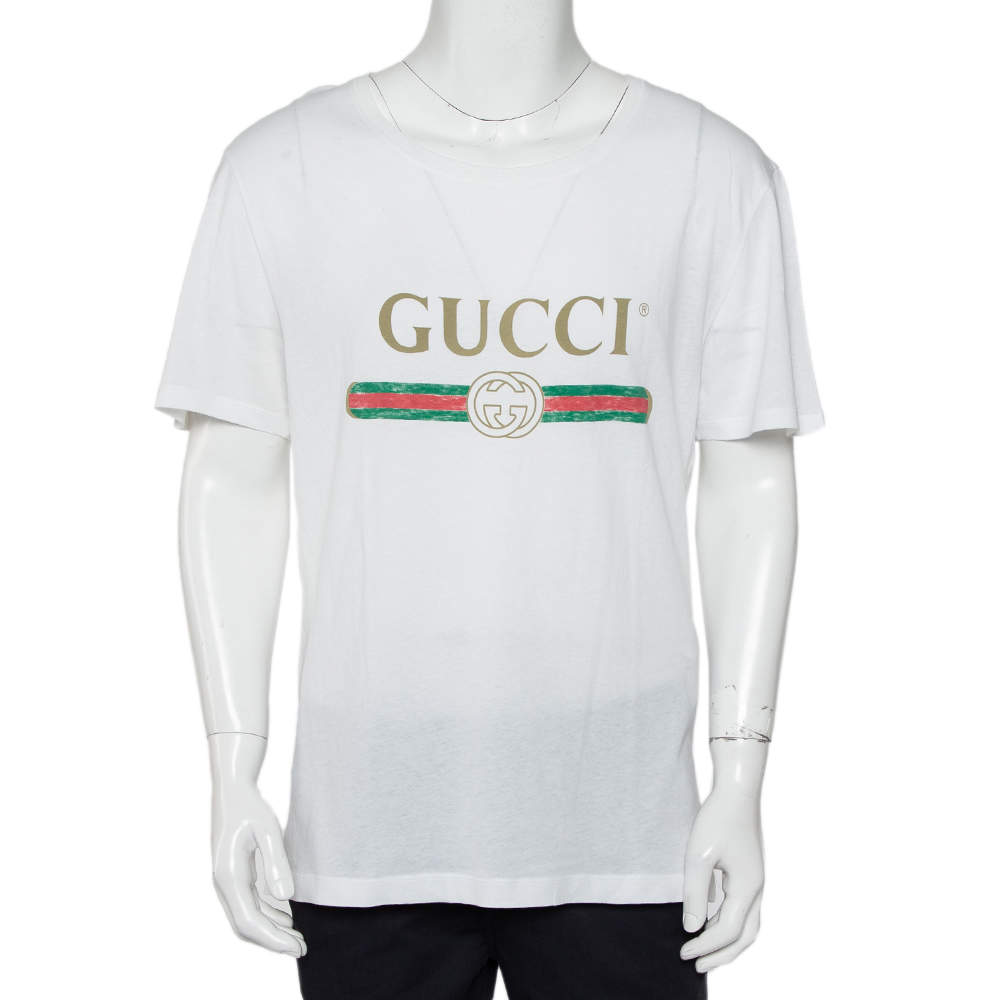 Pre Owned Gucci White Cotton Logo Printed Oversized Crewneck T-Shirt M