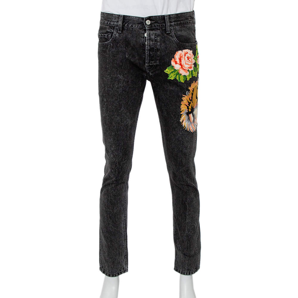  Gucci Charcoal Grey Denim Tiger & Floral Applique Tapered Jeans M
