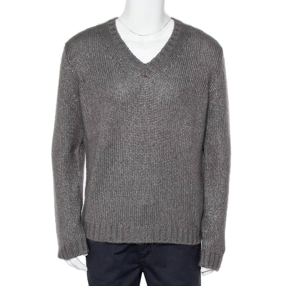 Pre Owned بلوفر غوتشي تريكو رقبة حرف في موهير وحرير رصاصي مقاس كبير جدًا - إكس لارج