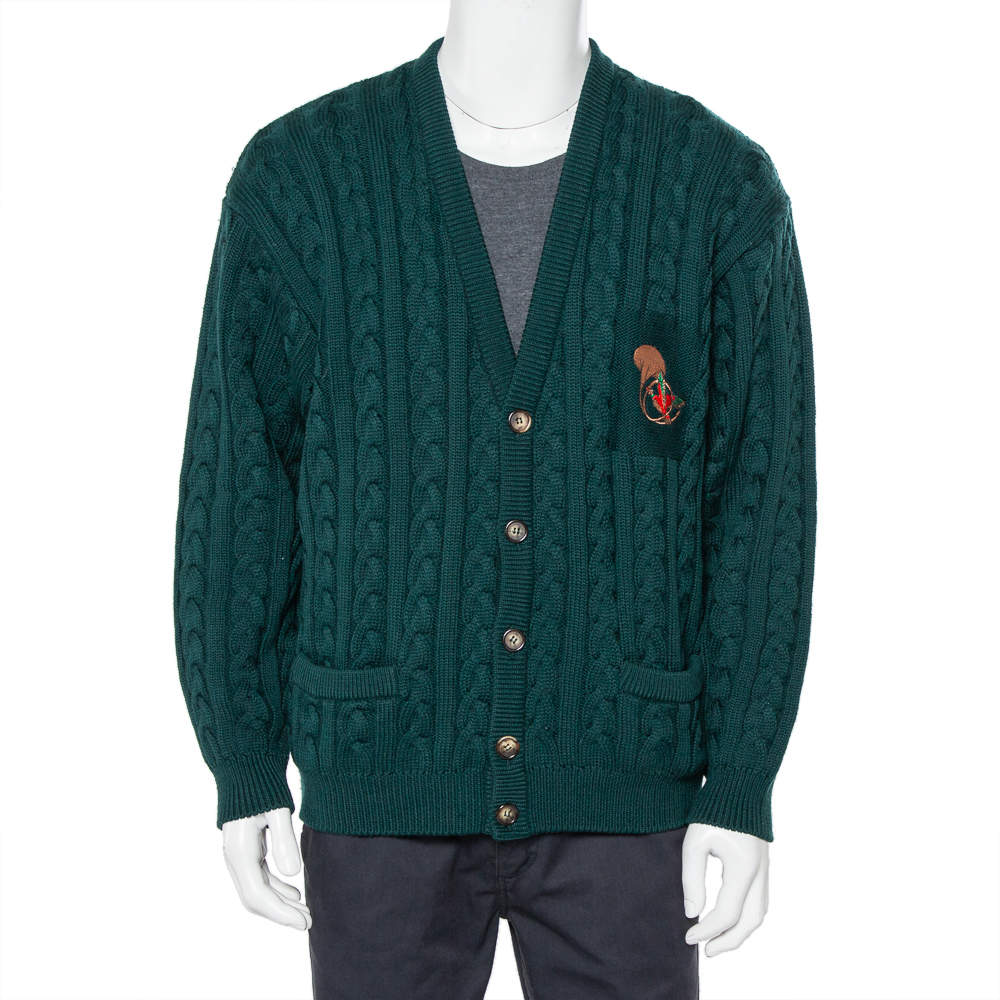Pre Owned Gucci Dark Green Cable Knit Wool Button Front Cardigan XXL
