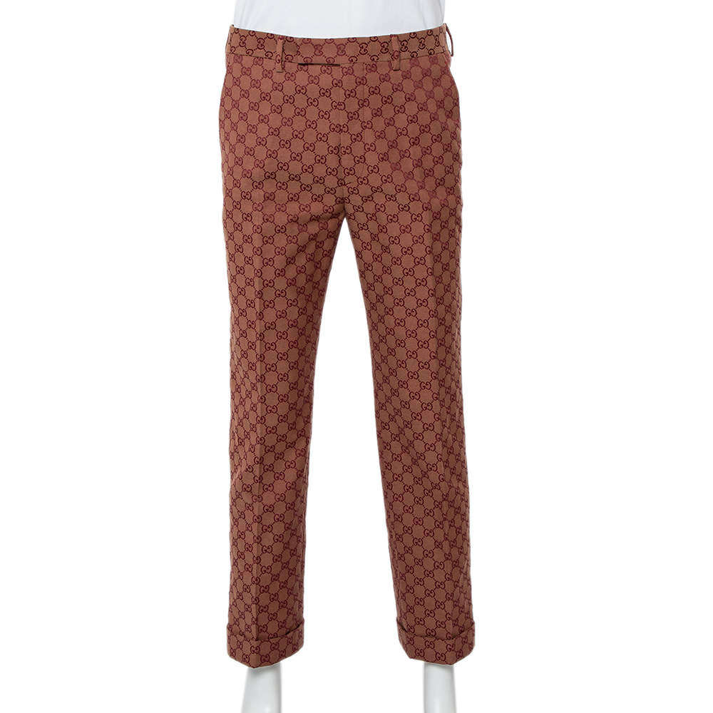 Pre Owned Gucci Brown Logo Jacquard Wide Leg Pants M