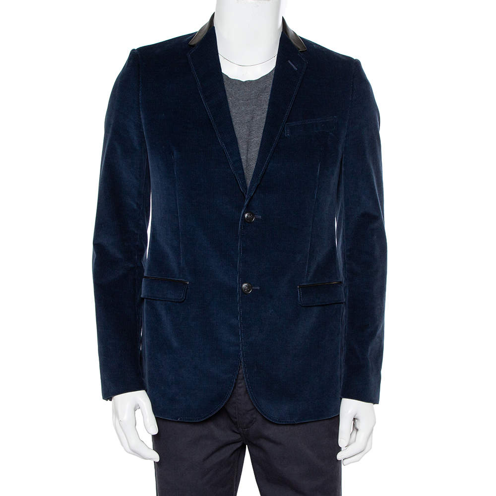 Pre Owned Gucci Navy Blue Corduroy Leather Trim Button Front Blazer M