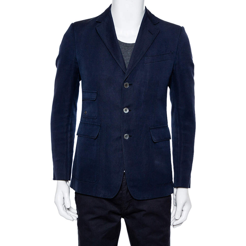 Gucci Navy Blue Cotton & Linen Button Front Blazer M