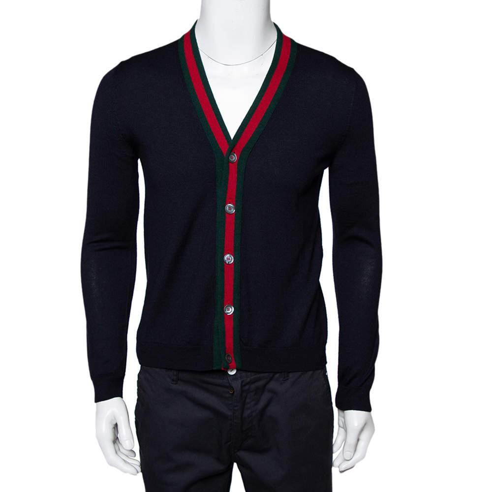 Gucci Ink Blue Wool Web Stripe Detail Open Front Cardigan XS