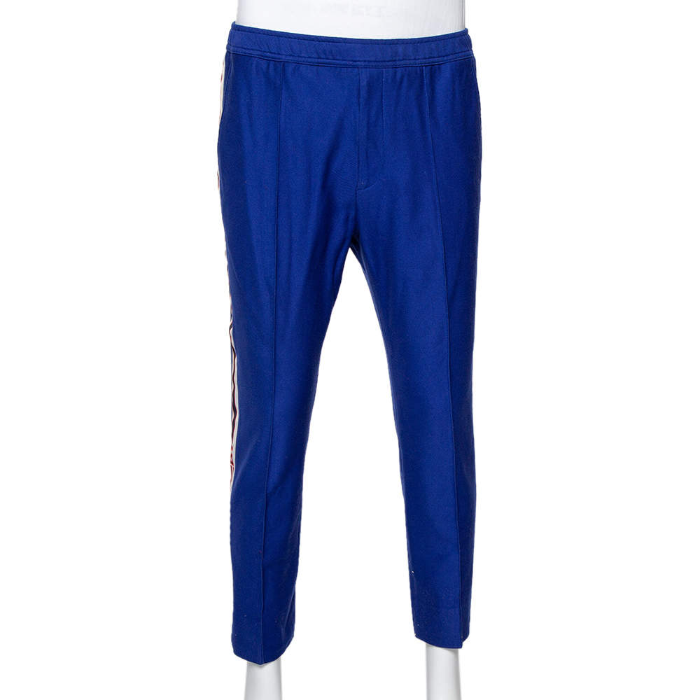 Pre Owned Gucci Blue Cotton Pique Logo Striped Track Pants M