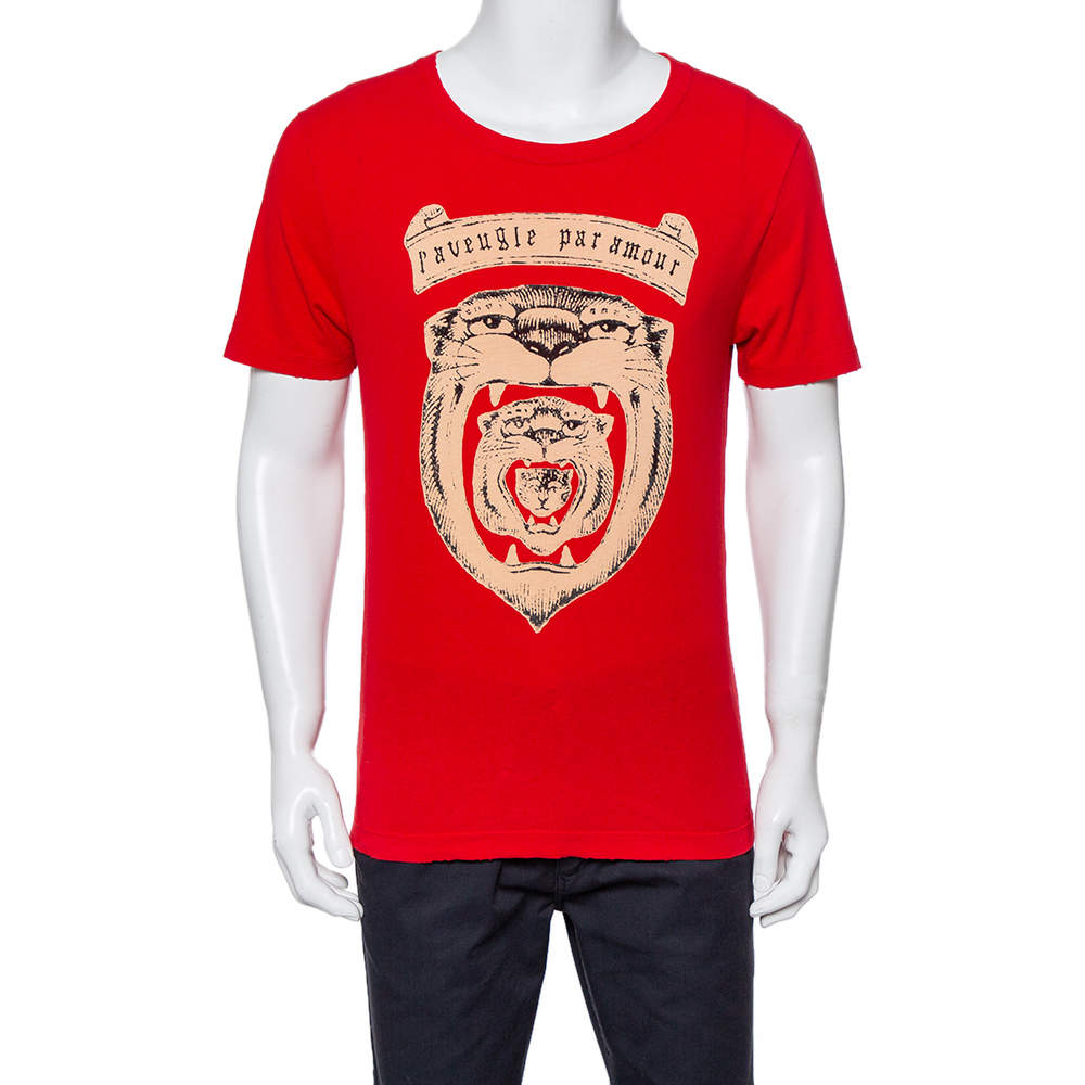 مملوكة مسبقًا Gucci Red Tiger Head Print Crewneck T-Shirt XS