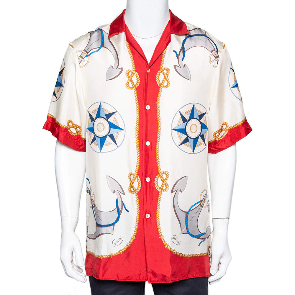 Pre Owned Gucci Cream & Red Nautical Printed Silk Oversized Bowling Shirt XS