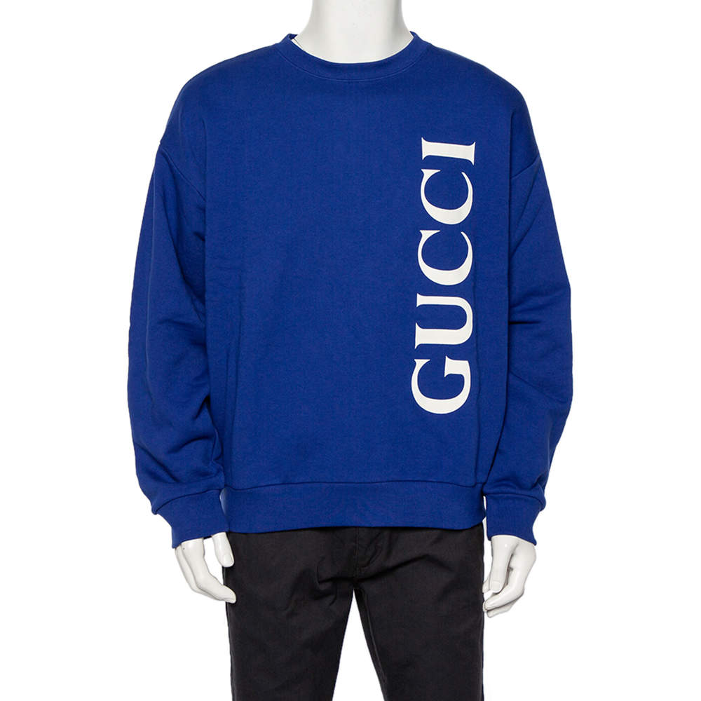 Gucci Navy Blue Logo Printed Cotton Knit Sweatshirt XL