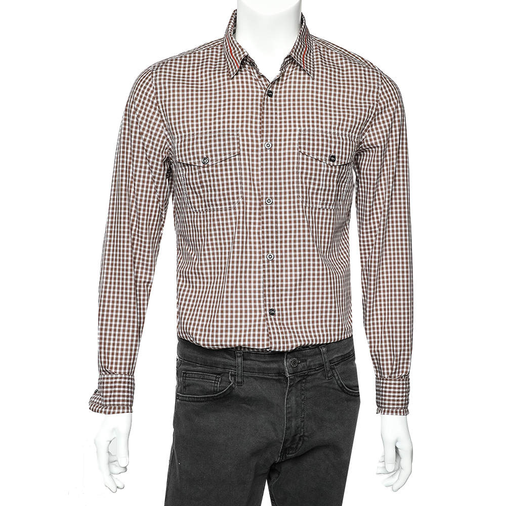 Pre Owned Gucci Brown Checkered Cotton Patch pocket Detail Slim Fit Shirt M
