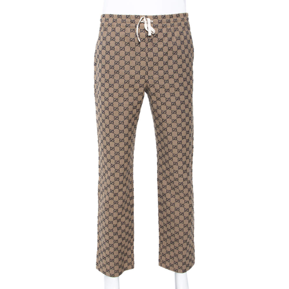 Pre Owned Gucci Beige Logo Jacquard Drawstring Detail Trousers S