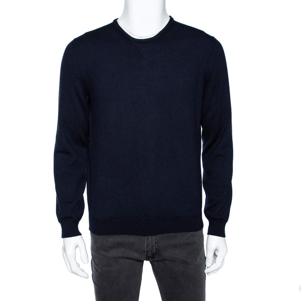 Pre Owned Gucci Navy Blue Wool Leather Tab Detail Crewneck Sweater XXL