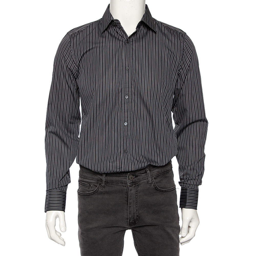 Gucci Dark Grey Striped Cotton Slim Front Button Shirt M