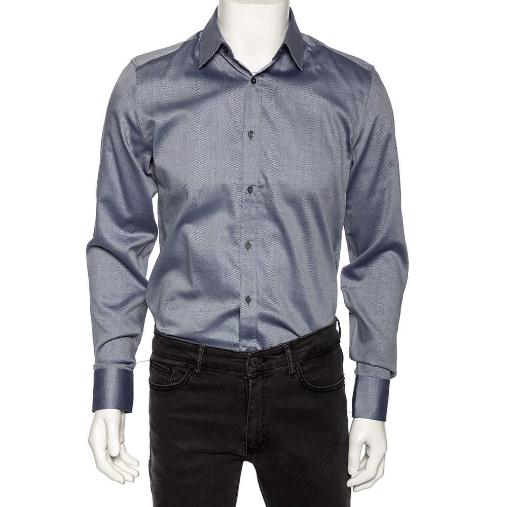 مملوكة مسبقًا قميص غوتشي قطن نمط أزرق رصاصي قصة مجسمة مقاس وسط (ميديوم)