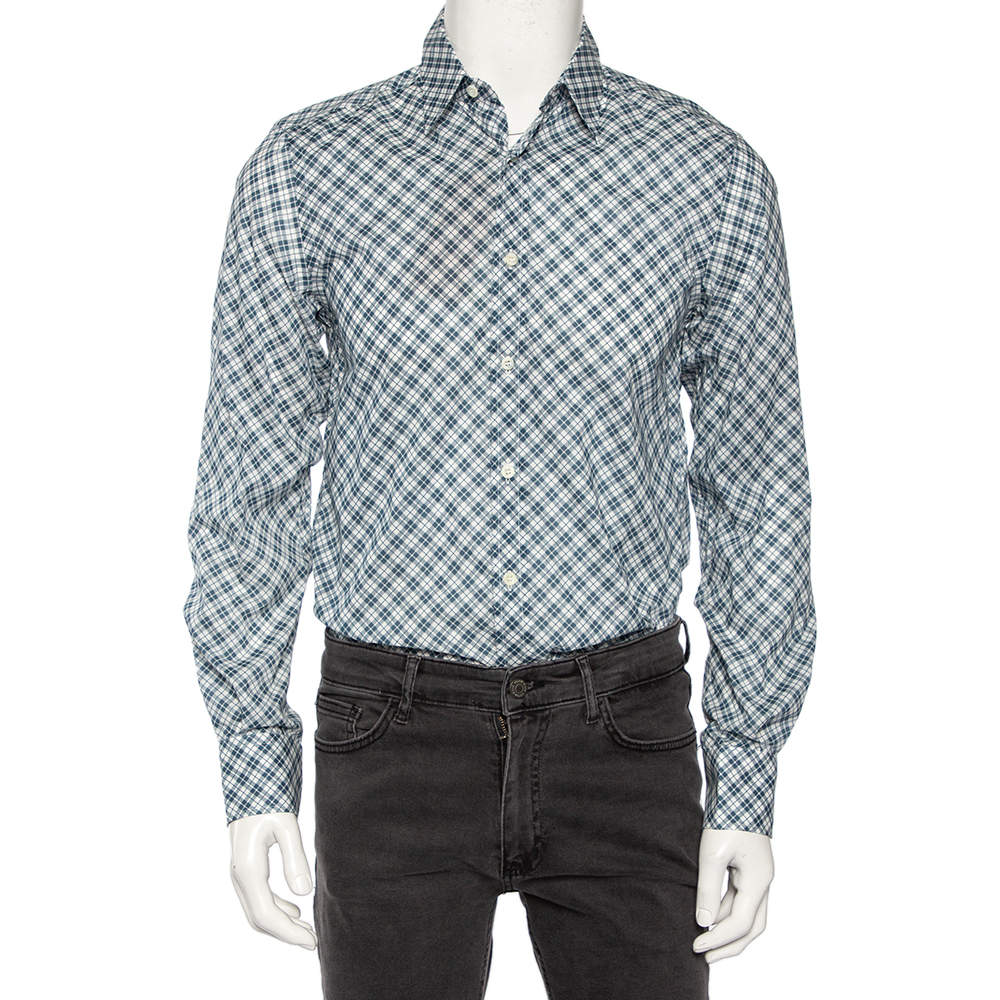 Pre Owned Gucci Blue Dupplin Checked Cotton Front Button Fitted Shirt M