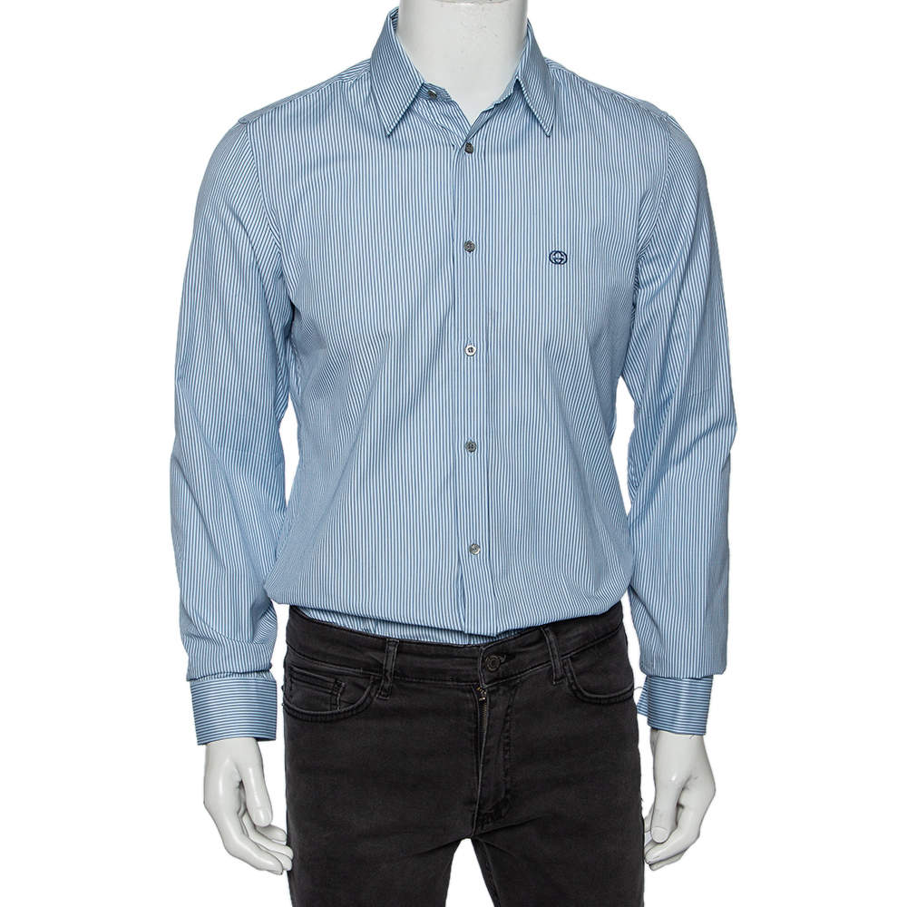 مملوكة مسبقًا Gucci Blue Striped Cotton Logo Embroidered Detail Slim Fit Shirt M