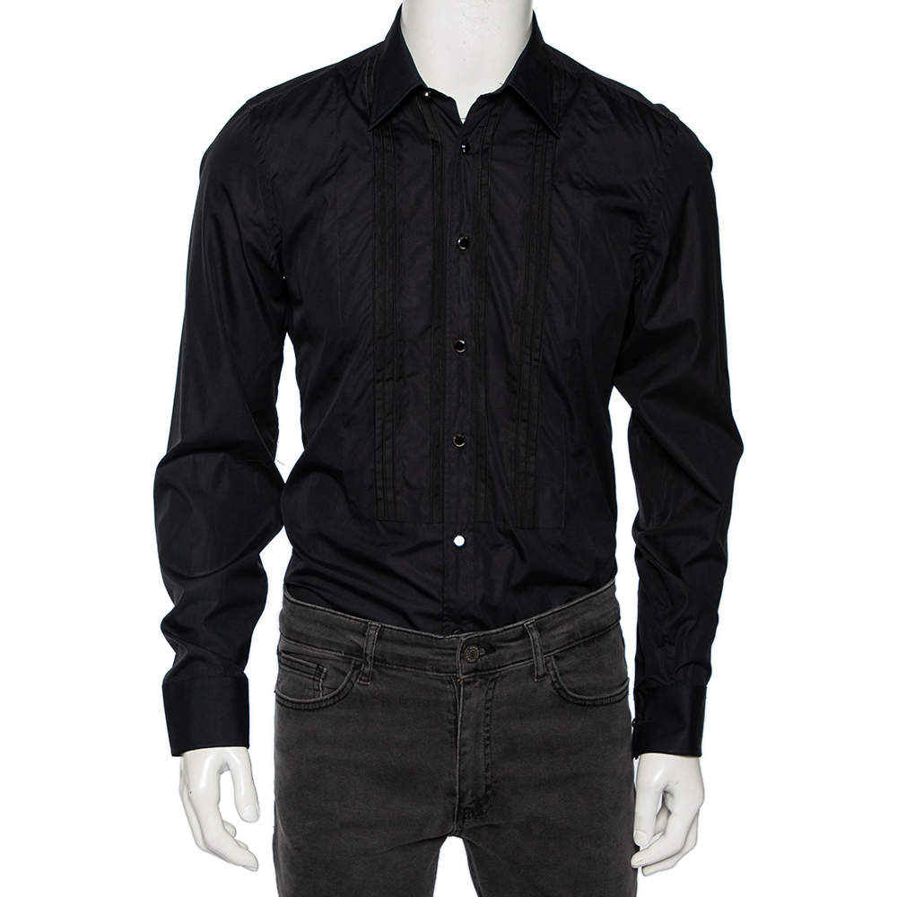 Pre Owned قميص غوتشي توكسيدو قطن أسود تفاصيل دبوس ثنية مقاس متوسط - ميديوم 