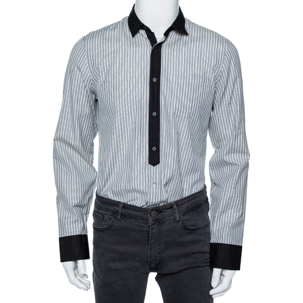 Pre Owned قميص دولتشي آند غابانا قطن مخطط رصاصي بياقة متعاكسة وأساور مقاس متوسط - ميديوم