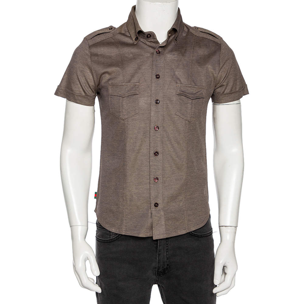 Pre Owned Gucci Brown Cotton Pique Safari Short Sleeve Shirt M 