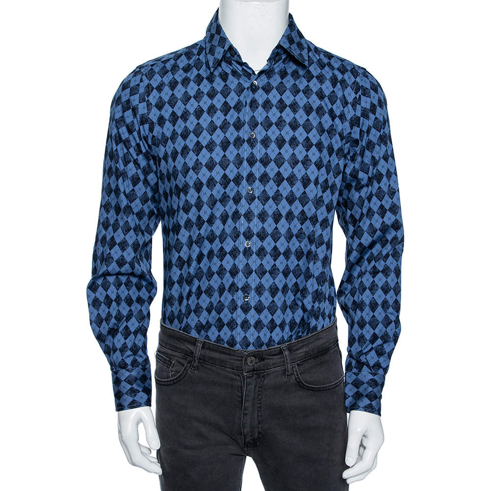 Gucci Blue Cotton Argyle Logo Monogram Button Front Fitted Shirt M 