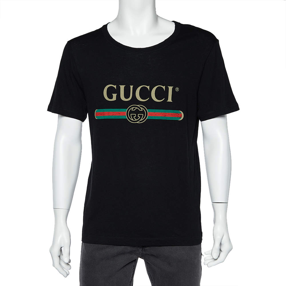 Gucci Black Logo Print Washed Cotton Distressed Effect Oversized T-Shirt S