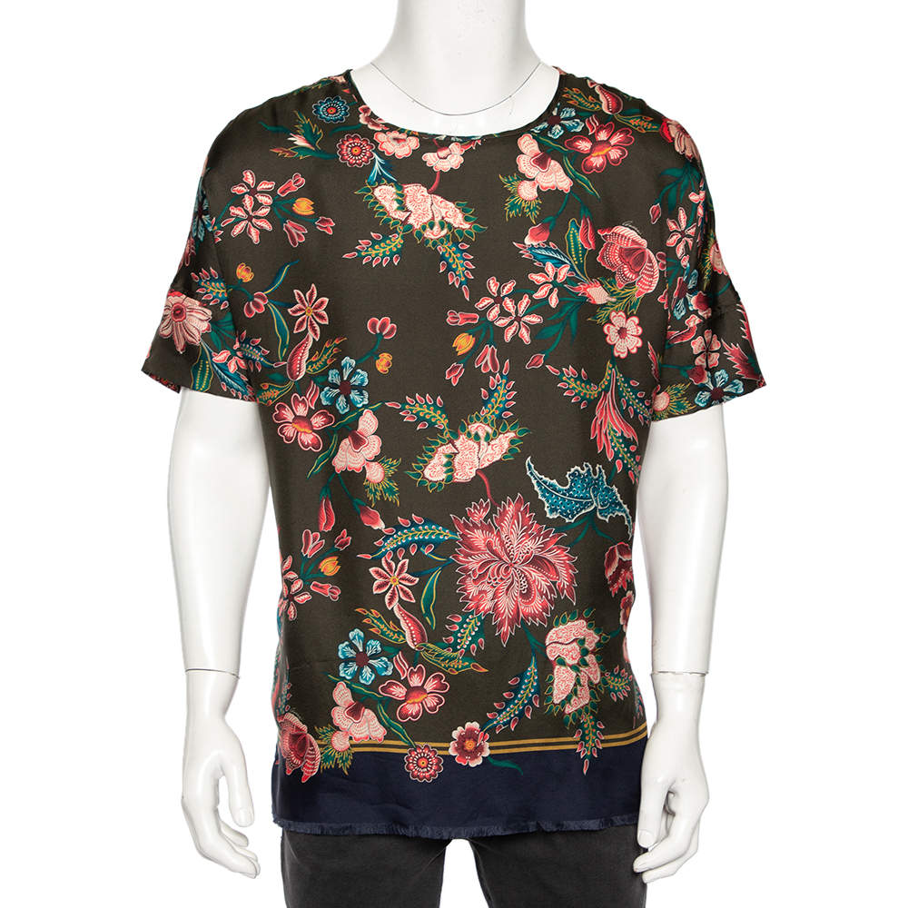 Gucci Olive Green Floral Printed Silk Frayed Hem Detailed T-Shirt L 