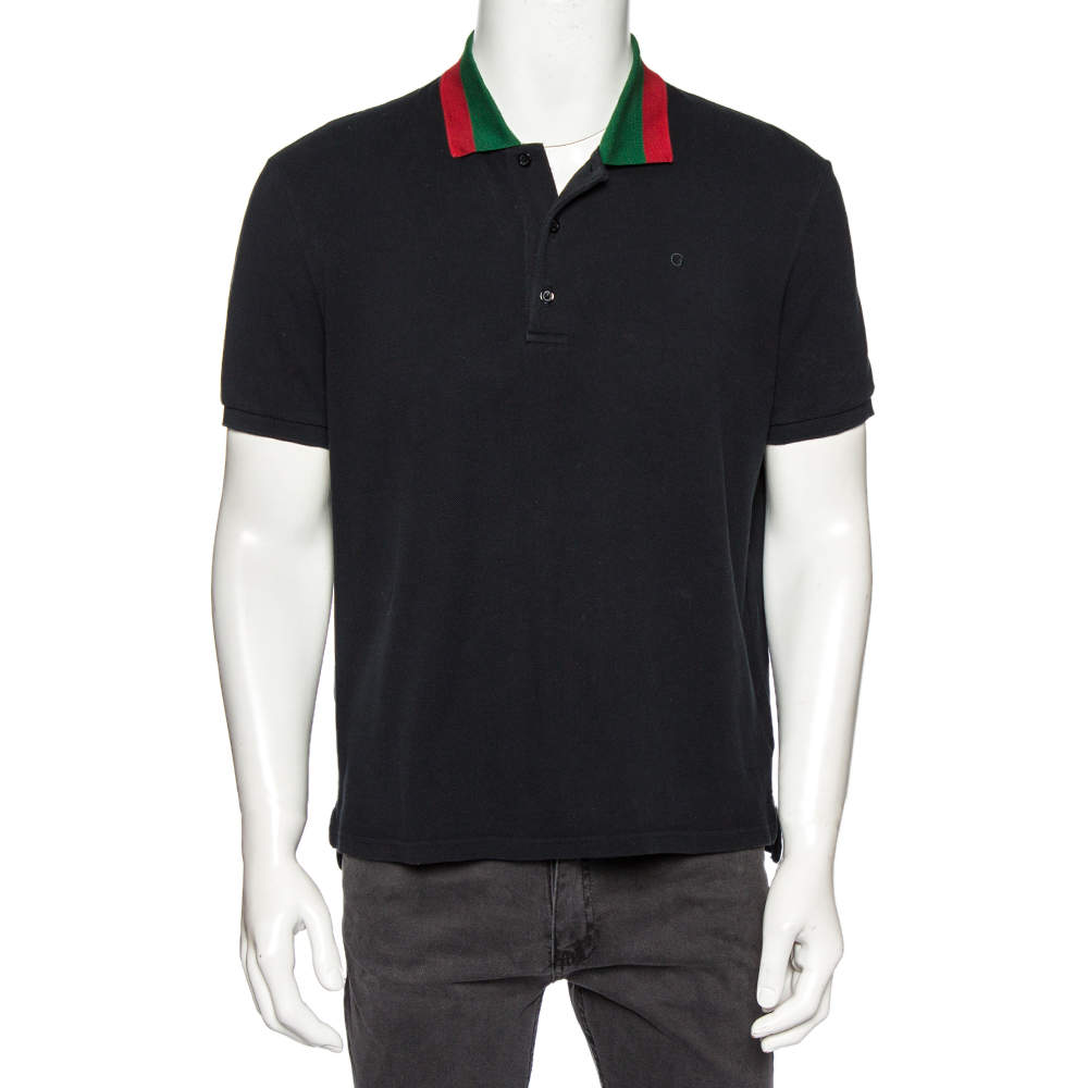 Gucci Black Cotton Pique Web Collar Detail Polo T-Shirt XL