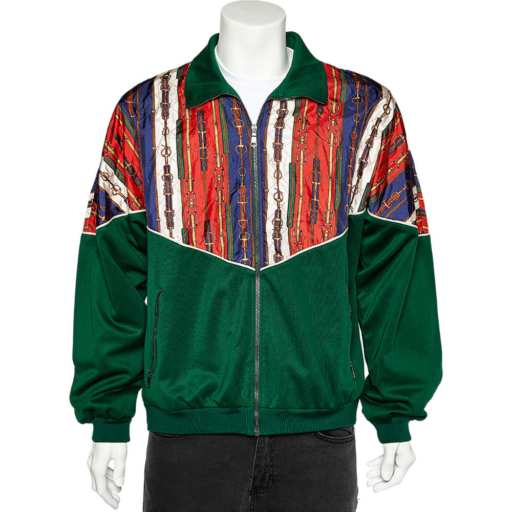 Gucci Green Belt Printed Silk & Jersey Technical Jacket L