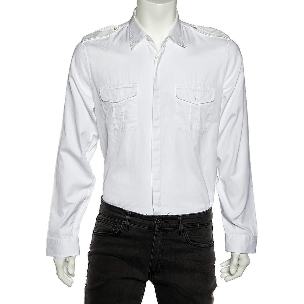 Gucci White Cotton Contrast Trim Button Front Skinny Shirt L