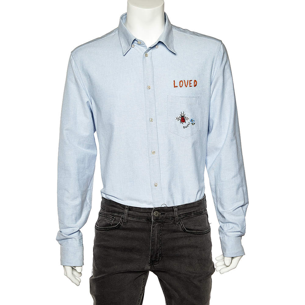 Gucci Blue Cotton Embroidered Pocket Detail Button Front Shirt XXL