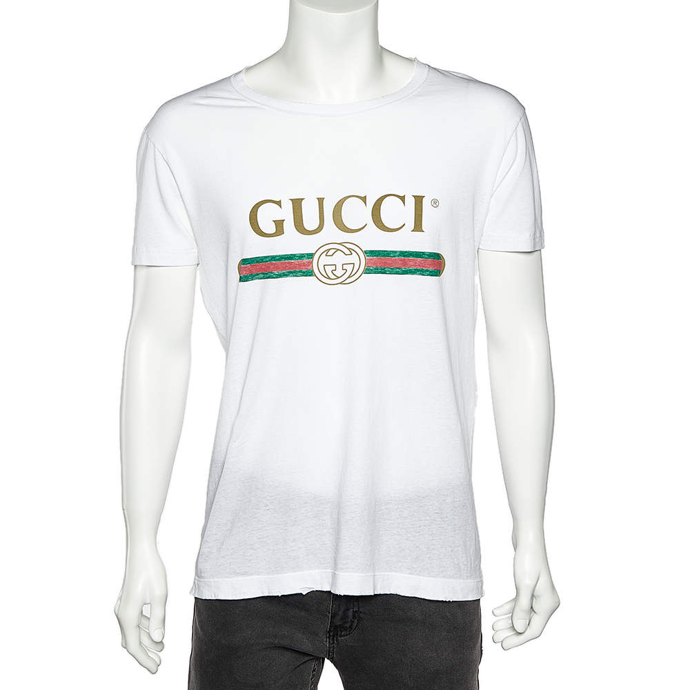 مملوكة مسبقًا تي شيرت غوتشي قطن مطبوع بالشعار أبيض نمط ممزق مقاس متوسط - ميديوم