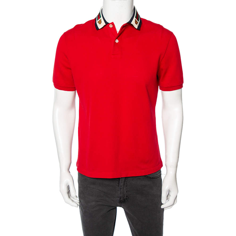 Gucci Red Cotton Pique Web Stripe & Feline Applique Detailed Collar Polo T-Shirt M
