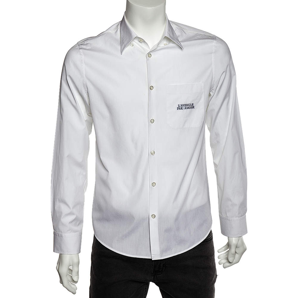 مملوكة مسبقًا Gucci White Cotton L'Aveugle Par Amour Embroidered Duke Shirt M