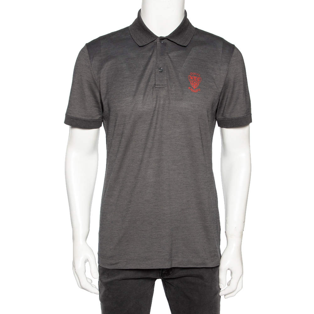 Pre Owned تي شيرت بولو غوتشي قطن رصاصي بيكية مطبوع شارة شعار الماركة مقاس كبير (لارج)