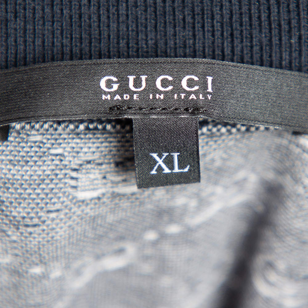 Gucci Navy Blue and White Monogram Jacquard Knit Polo T-Shirt L