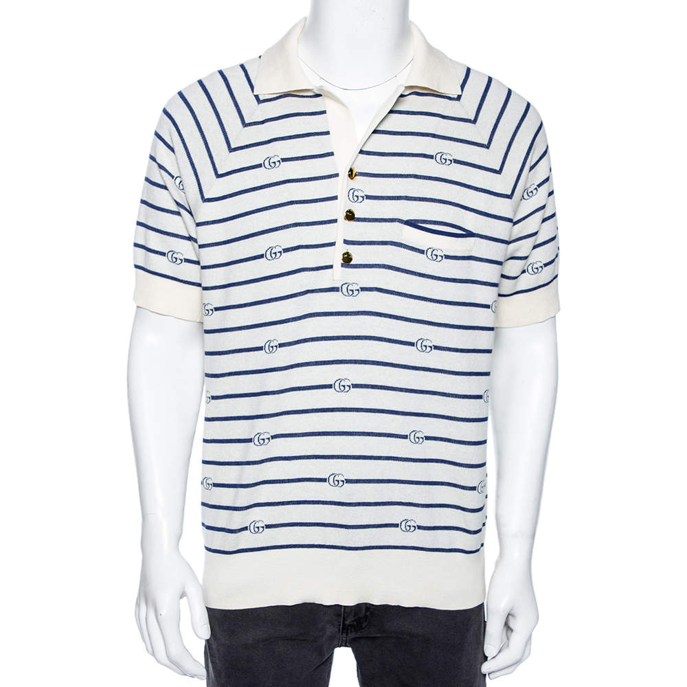 Pre Owned Gucci Cream & Blue GG Striped Knit Pocket Detailed Short Sleeve Polo T Shirt XL