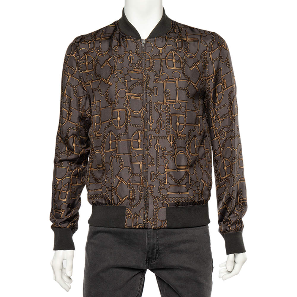 Pre Owned Gucci Grey Horsebit Printed Silk Rib Knit Trimmed Detailed Bomber Jacket XXXS